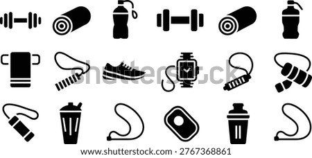 A collection of black silhouette icons representing various fitness tools and accessories, including weights, bottles, and athletic shoes.