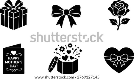A collection of black silhouette icons representing gifts bows flowers and a Mothers Day card perfect for celebrations and special occasions