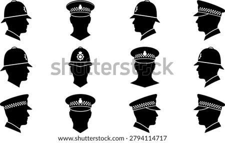 A collection of black silhouette icons representing police officers in various traditional British police headgear, isolated on white background.
