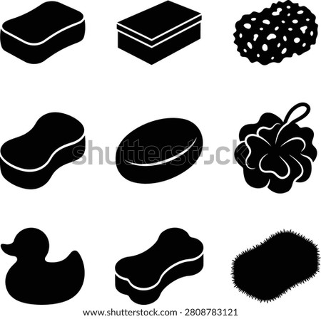 A collection of black silhouette icons representing various bathroom, cleaning, and hygiene items including sponges, soap, and bath accessories.