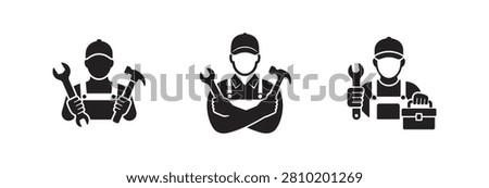 A collection of black silhouette icons representing professional repairmen holding a wrench and hammer with a toolbox for maintenance services