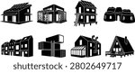 A collection of black silhouette icons showcasing innovative and ecological residential architecture styles, including solar power houses, shipping container homes, earthbag dwellings, and modern energy-efficient villas. This vector set is ideal for real estate sustainability guides, green energy marketing, and modern architectural design layouts.
