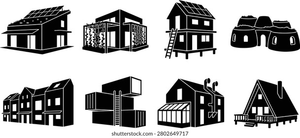 A collection of black silhouette icons showcasing innovative and ecological residential architecture styles, including solar power houses, shipping container homes, earthbag dwellings, and modern energy-efficient villas. This vector set is ideal for real estate sustainability guides, green energy marketing, and modern architectural design layouts.