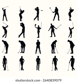 Collection of black silhouette illustrations depicting different golfers in various golf stances, some in motion, against a plain white background. 