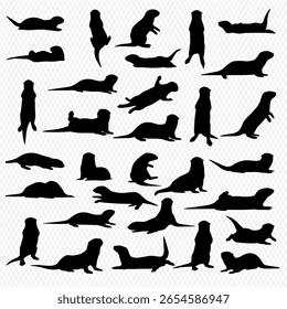 A collection of black silhouette illustrations depicting otters in various poses, against a transparent background.