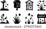 Collection of black silhouette illustrations featuring birdhouses, birdbaths, insect houses, grass, flowers, and habitat signs. Perfect for eco‑friendly projects, garden branding, wildlife conservation themes, and educational visuals.