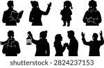 A collection of black silhouette illustrations featuring Christmas carolers, singers, families, children, and winter characters singing, praying, reading songbooks, and carrying lanterns. Perfect for holiday greeting cards, church events, Christmas concerts, seasonal decorations, and festive graphic design projects.