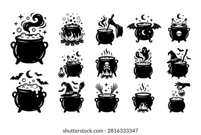 A collection of black silhouette illustrations featuring cauldrons, potions, and various halloween elements, perfect for spooky designs.