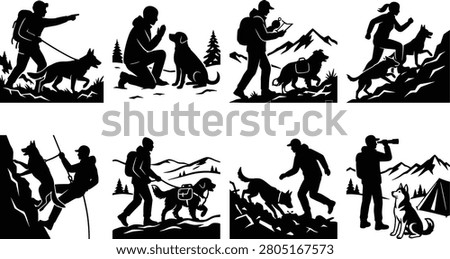 A collection of black silhouette illustrations featuring search and rescue dogs working alongside hikers and handlers in mountain and wilderness environments. Ideal for emergency response, outdoor adventure, dog training, hiking, camping, rescue organizations, and educational design projects.