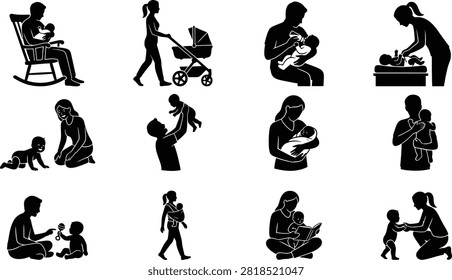 A collection of black silhouette illustrations showing parents caring for babies and children through activities such as feeding, rocking, strolling, playing, reading, and carrying. Ideal for parenting websites, childcare brands, family product packaging, and baby-themed marketing materials.