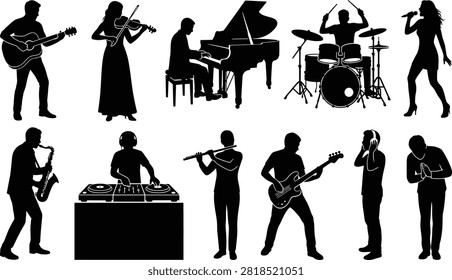 A collection of black silhouette illustrations showing musicians playing various instruments including guitar, violin, piano, drums, saxophone, flute, and DJ equipment, along with a singer performing. Ideal for music event posters, concert flyers, band logos, and entertainment-themed designs.
