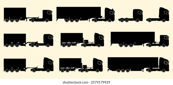 A collection of black silhouette illustrations of various truck and trailer configurations on a light background.