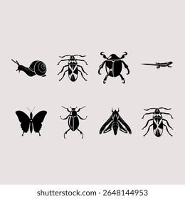 Coleção de ilustrações de silhueta preta de vários insetos e um lagarto em um fundo cinza claro