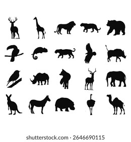 Collection of black silhouette images of diverse animals, including mammals and birds, displayed on a white background.  The silhouettes are presented as a simple design, without any extra details .