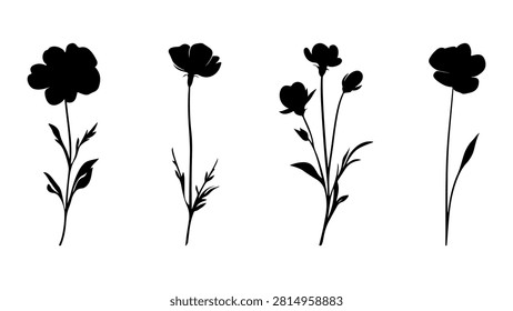 Collection of black silhouette images showcasing different flower plants with varying heights and petal structures.