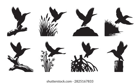 A collection of black silhouette images showcasing hummingbirds in flight and perched, set against natural backgrounds like branches and foliage.