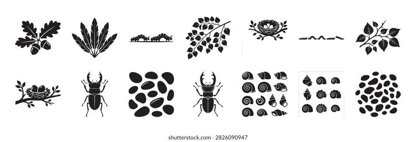 collection of black silhouette insects beetles leaves seeds and berries shapes arranged in a simple clean icon pattern for nature and biology use