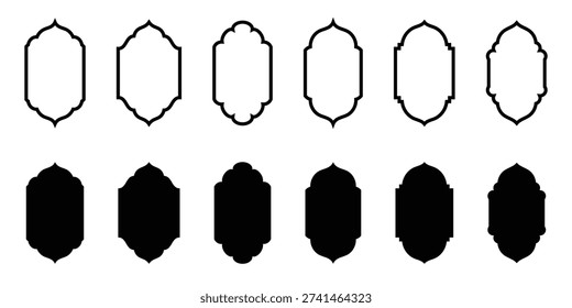 Collection of black silhouette islamic arch shapes decorative architectural elements for mosque palace or other building design . This icon set isolated on white background. Vector illustration. EPS10