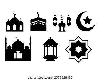 A collection of black silhouette Islamic icons, including mosques, lanterns, crescent moons, stars, and traditional patterns. Perfect for Ramadan, Eid, or other Islamic designs.