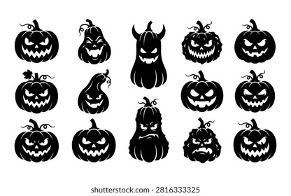 A collection of black silhouette jack o'lantern faces, perfect for Halloween designs and seasonal graphics. The distinctive silhouette style adds a dramatic touch.
