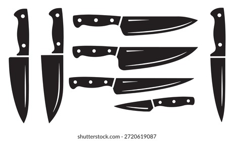 colección de cuchillos de cocina de silueta negra en un blanco