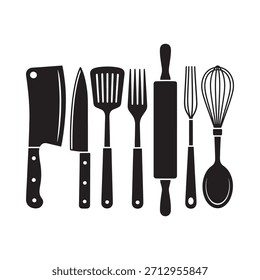 A collection of black silhouette kitchen tools arranged in a horizontal line