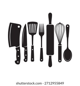 A collection of black silhouette kitchen tools arranged in a horizontal line