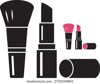 Eine Sammlung von schwarzen Silhouette Make-up-Tools einschließlich Pinsel Lippenstift und kompakt