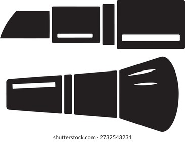 A collection of black silhouette makeup tools including brushes lipstick and compact