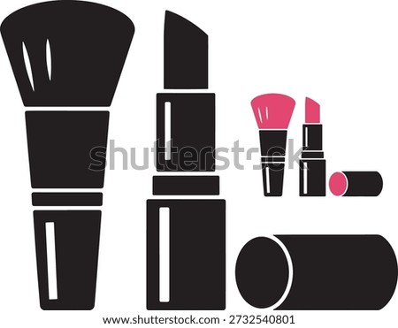 A collection of black silhouette makeup tools including brushes lipstick and compact