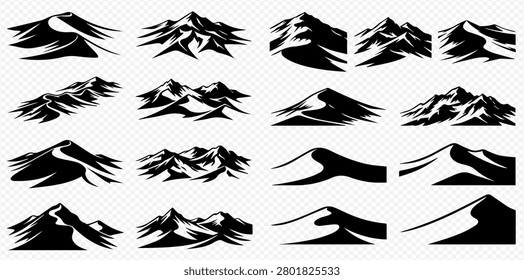 A collection of black silhouette mountain and desert dune icons, showcasing various peaks and curves against a transparent background, perfect for design elements.