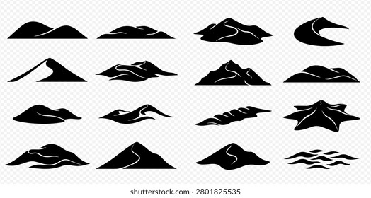 A collection of black silhouette mountain and dune icons on a transparent background, depicting various natural landforms.