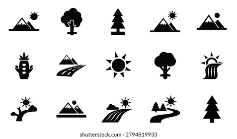 Collection of black silhouette mountain tree icons
