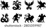 A collection of black silhouette mythical creatures featuring legendary beasts and fantasy monsters in a clean vector style. Perfect for game assets, book illustrations, logos, emblems, apparel, tattoos, fantasy branding, and creative design projects.
