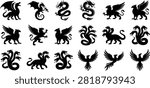 Collection of black silhouette mythical creatures featuring dragons, griffins, phoenix birds, and hydra monsters isolated on a white background. Perfect for fantasy illustrations, game assets, logos, heraldry, tattoo concepts, and medieval-themed design projects.