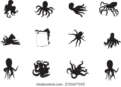 Colección de pulpo de silueta negra e íconos de desplazamiento en Palabras claves blancas pulpo, silueta, ícono, negro, blanco, vida marina, criatura marina, cefalópodo, tentáculos, bajo el agua, animal, vida silvestre
