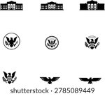 A collection of black silhouette on a white background displaying the White House building and several variations of the American eagle seal, representing national symbols and government.