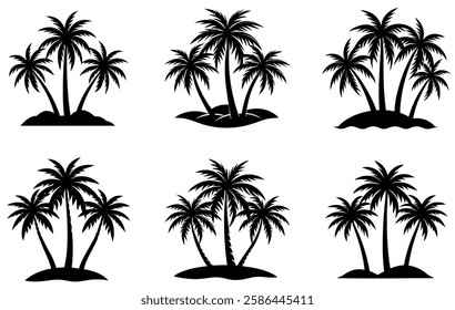 A collection of black silhouette palm tree illustrations arranged naturally on small islands. Ideal for tropical designs, beach-themed projects, summer graphics, and nature-based artwork.