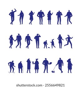 Collection of black silhouette people vectors featuring diverse poses and actions. Perfect for creative designs, posters, and illustrations