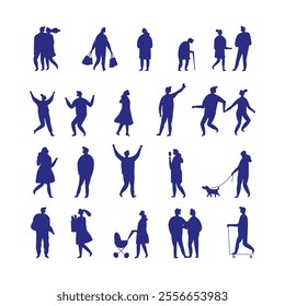 Collection of black silhouette people vectors featuring diverse poses and actions. Vector people stylized silhouette bundle isolated  on white background. Crowd, background people