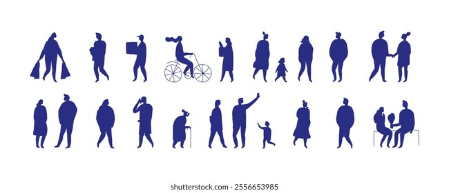 Collection of black silhouette people vectors featuring diverse poses and actions. Vector people stylized silhouette bundle isolated  on white background. Crowd, background people