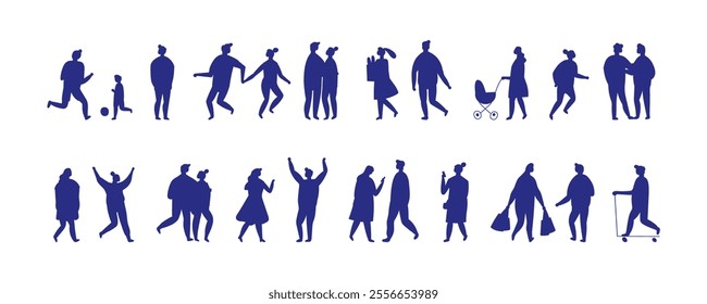 Collection of black silhouette people vectors featuring diverse poses and actions. Vector people stylized silhouette bundle isolated  on white background. Crowd, background people