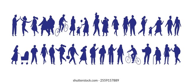 Collection of black silhouette people vectors featuring diverse poses and actions. Vector people stylized silhouette bundle isolated  on white background. Crowd, background people