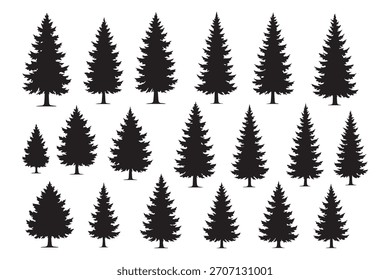 Collection of black silhouette pine trees of various sizes, arranged on a white background. This minimalist set of evergreen trees evokes a forest or winter theme.