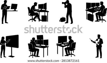 Collection of black silhouette professional worker icons featuring office employees, computer users, photographer, presenter, and digital professionals in modern workplace environments. Ideal for business websites, corporate presentations, HR materials, mobile apps, UI design, and infographic projects.