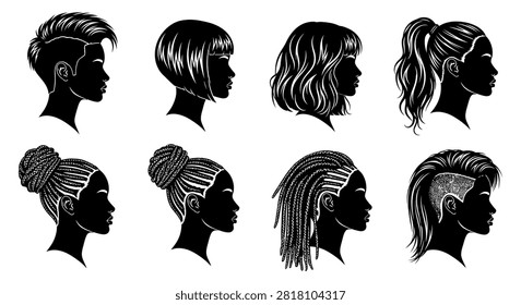 A collection of black silhouette profiles showing various stylish female hairstyles including braids buns and textured cuts for beauty design