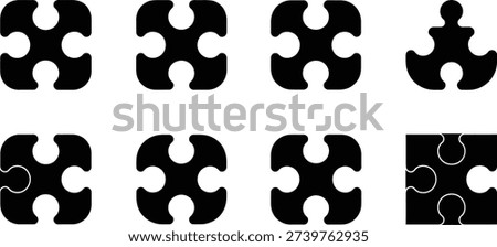 Collection of Black Silhouette Puzzle Pieces Showing Interlocking and Incomplete Forms Keywords puzzle, jigsaw, piece, interlocking, connection.