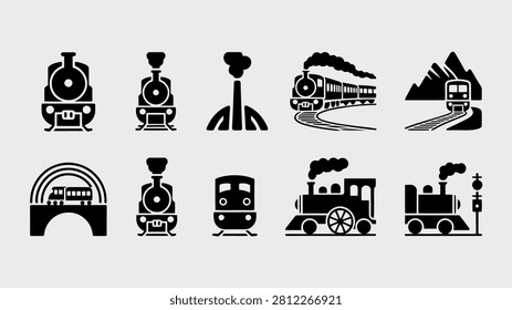 Collection of black silhouette representing various steam trains and mountain railways locomotive