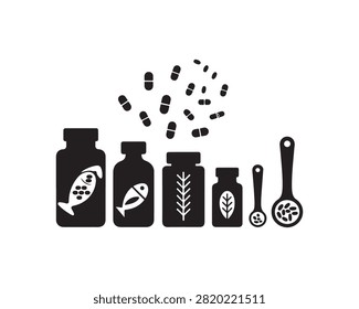 Collection of black silhouette representing various health supplements including fish oil, herbal extracts, and capsules in