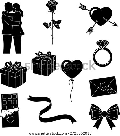 Collection of black silhouette for romance and celebration love heart rose gift ring